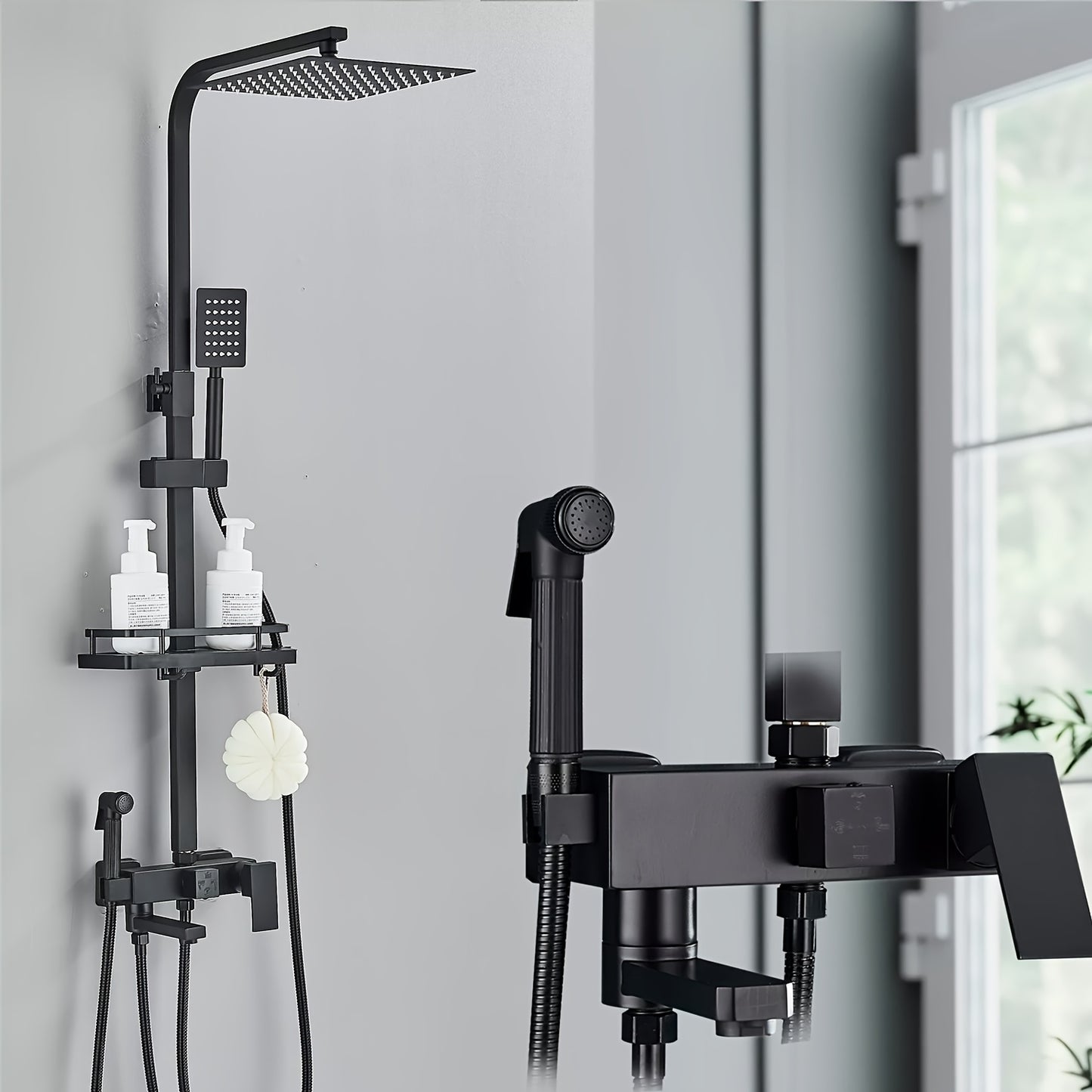 Matzwarte Doucheset – Douchepakket – Regendouche – Handdouche – Badkraan – 30,48 cm Vierkant – Messing – Dual-Function – Wandmontage – Verstelbare Plank – Geen Elektriciteit Nodig
