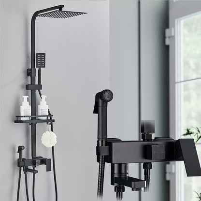 Matzwarte Doucheset – Douchepakket – Regendouche – Handdouche – Badkraan – 30,48 cm Vierkant – Messing – Dual-Function – Wandmontage – Verstelbare Plank – Geen Elektriciteit Nodig