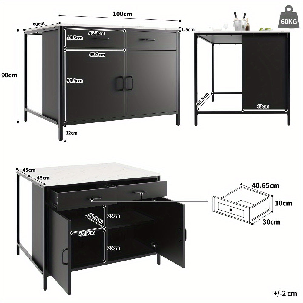 Modern Industrial Kitchen Island Table with Storage - Heavy-Duty Metal Construction, Black Bar Counter, Adjustable Legs - Space-Saving Dining or Living Room Furniture for Small Apartments - Easy-Clean Surface, Kitchen Table,