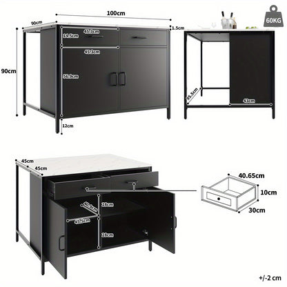 Modern Industrial Kitchen Island Table with Storage - Heavy-Duty Metal Construction, Black Bar Counter, Adjustable Legs - Space-Saving Dining or Living Room Furniture for Small Apartments - Easy-Clean Surface, Kitchen Table,