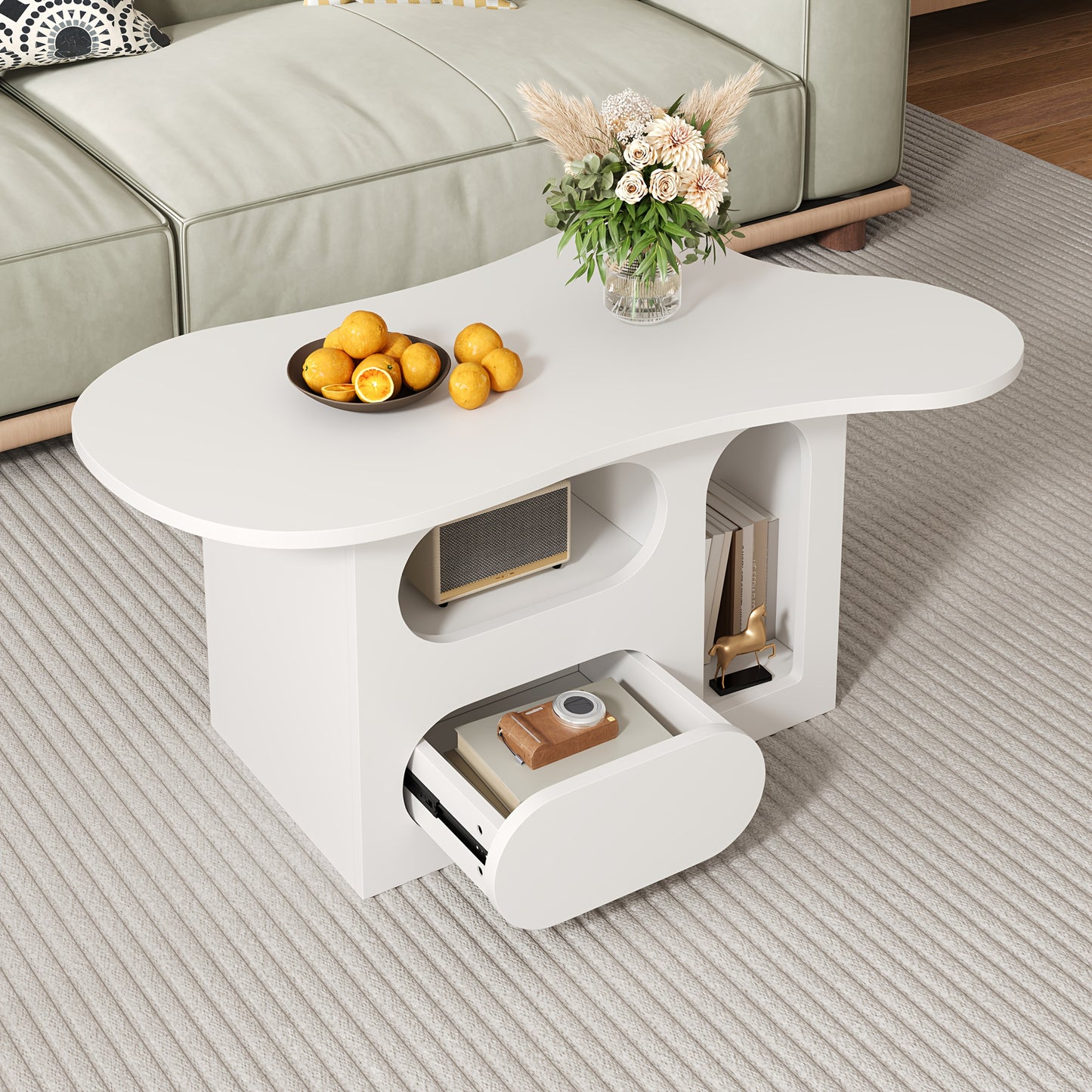 Salontafel – Tafel – Koffietafel – Woonkamertafel – Bijzettafel – Wolkvormig Design – Ruime Opberglade – Compact & Lichtgewicht – Duurzame Constructie