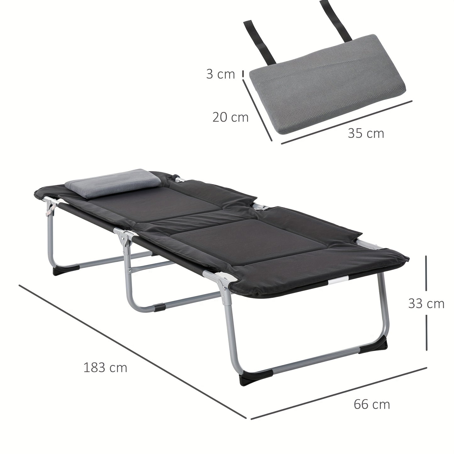 Campingbed – Reisbed – Buitenbed – Inklapbaar – Ligbed – Lichtgewicht – Met Kussen – Met Stevig Metalen Frame – 183x66x33 cm – Zwart/Zilveren Design