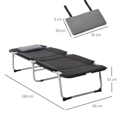 Campingbed – Reisbed – Buitenbed – Inklapbaar – Ligbed – Lichtgewicht – Met Kussen – Met Stevig Metalen Frame – 183x66x33 cm – Zwart/Zilveren Design