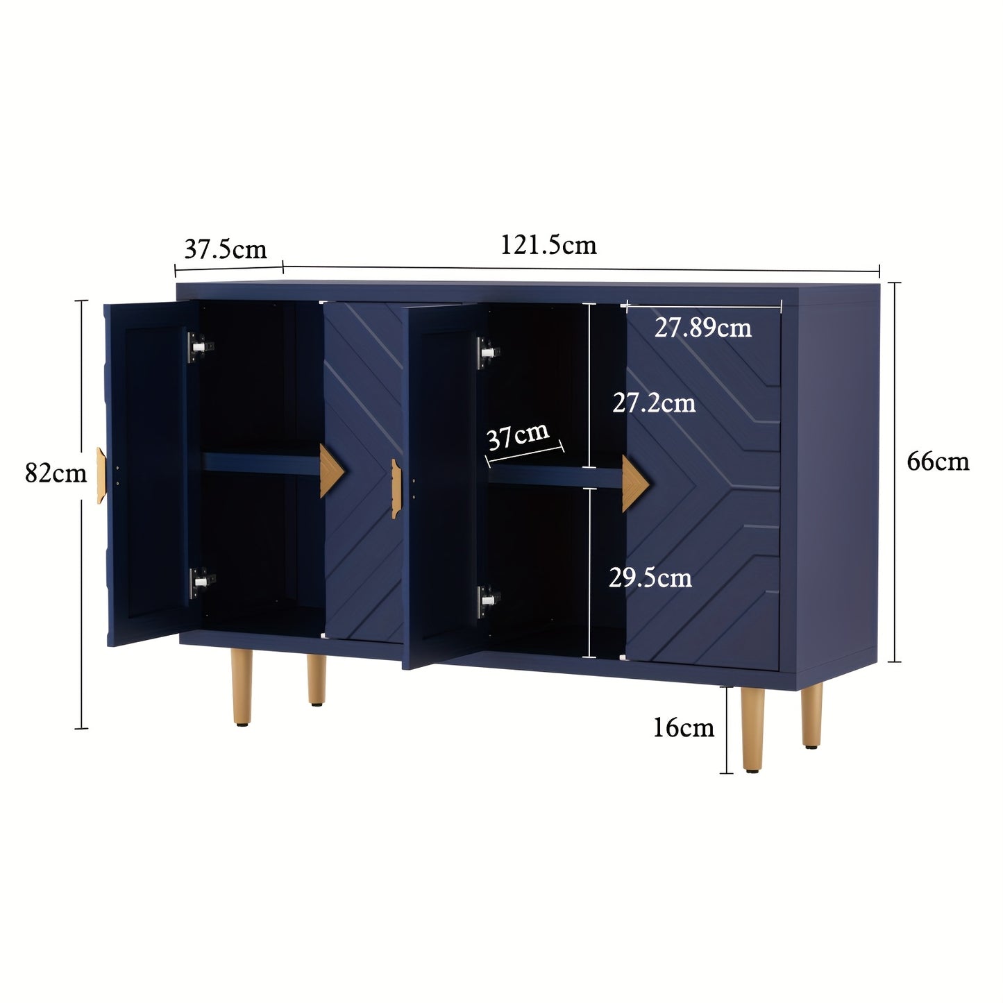 Opbergkast – Kast – Dressoir – Boekenkast – Ladekast – Vrijstaand – 4 Deuren en 4 Lades – Stevige MDF Constructie – Zwart-Gouden Poten – 68,5 cm Hoogte – Eenvoudige Montage