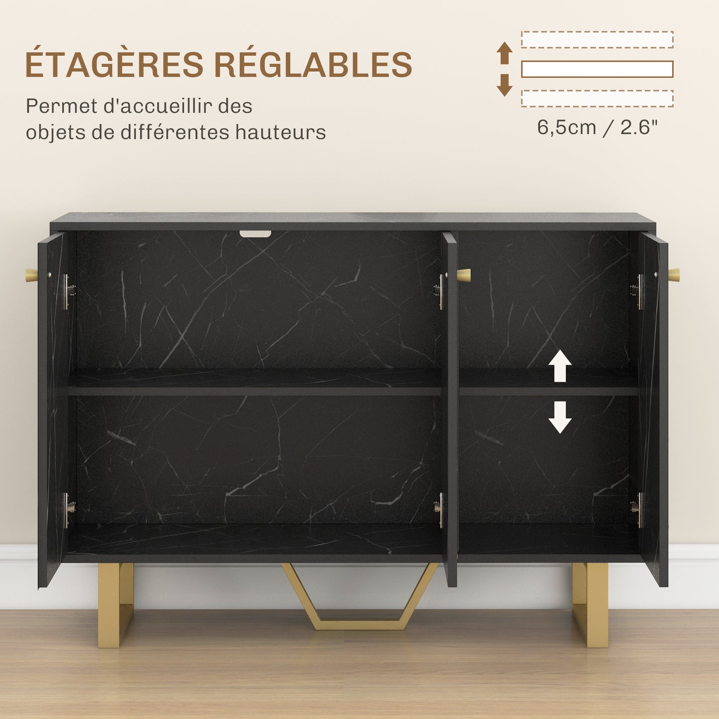 Dressoir – Opbergkast – Buffetkast – Sideboard – Kast – Zwart Marmerlook – 107x35x75 cm – Verstelbare Planken