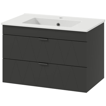 Badkamerkast Wandmeubel – Wastafelmeubel – Badkamermeubel – Opbergkast – Met Keramische Waskom – Zwart Mat – Soft-Close Lades – Ruimtebesparend Design – 76x46x50 cm