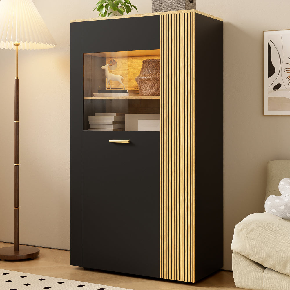 Opbergkast – Opbergmeubel – Kast Met Deuren – Buffetkast – Hoge Kast – Zwart – Moderne Glasdeuren – 3 Vaste + 2 Verstelbare Planken – Gouden Accentpoten – Ruimtebesparend & Duurzaam
