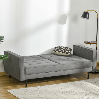 Slaapbank – Bedbank – Bankstel – Bedbank met Slaapfunctie – 3-Zits Sofa – Verstelbare Rugleuning – Vintage Eucalyptus Hout – Katoenen Stoffering – Grijs – 187 x 91 x 85 cm