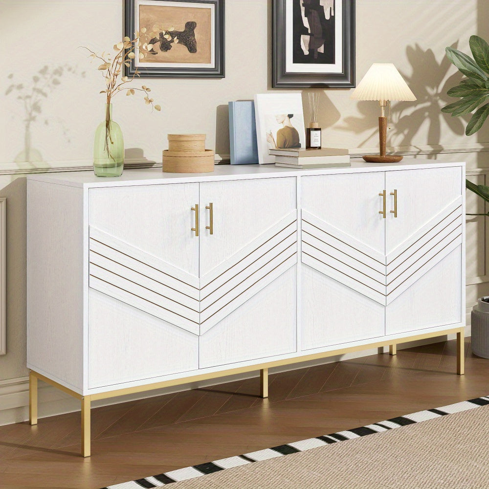 Dressoir – Sideboard – Opbergkast – Buffetkast – Wandkast – 4-Deurs Modern Design – Verstelbare Planken & 360° Draaibaar – Wit Met Gouden Metalen Frame – Grote Opbergruimte – Vloerstaand Zonder Elektriciteit
