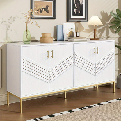4-Deurs Kast – Dressoir – Sideboard – Opbergkast – Woonkamerkast – Wit Met Gouden Details – Verstelbare Legplanken – Ruime Opbergruimte
