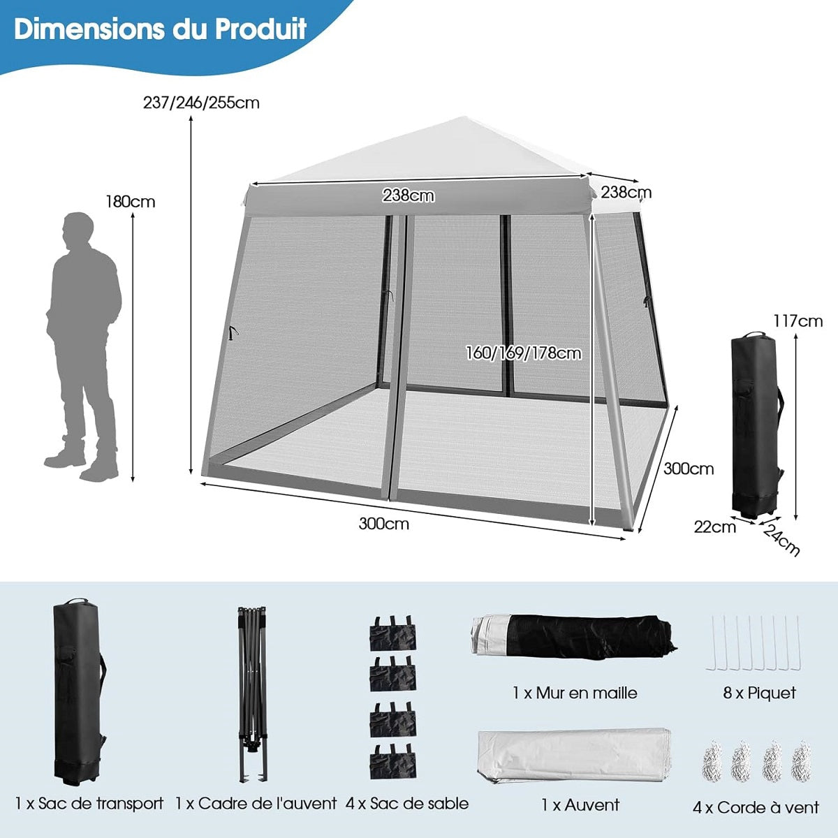 3x3 m Pop-up Tuinpaviljoen – Tuin Tent – Partytent – Overkapping – Pagodetent – Verstelbare Hoogte – Slijtvast Oxford Materiaal – Inklapbaar Met Ventilerende Gaaspanelen