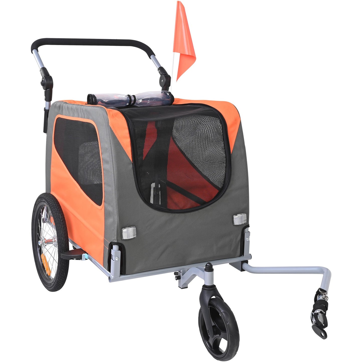 fietskar hond – hondenfietskar – hondenaanhanger – hondenbuggy – hondenkar – Opvouwbaar Frame – Draagvermogen 30 kg – Universele Koppeling – Reflectoren – Oranje/Grijs
