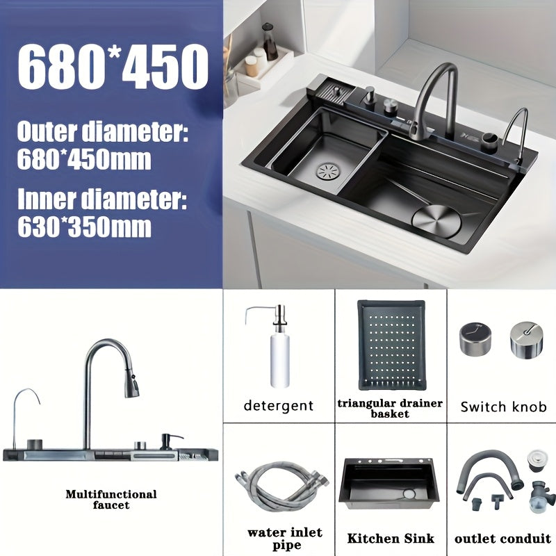 RVS Spoelbak – Keukenspoelbak – Inbouwspoelbak – Enkele Spoelbak – Grote Spoelbak – Nano 304 Coating – 68 x 45 cm – Dik 5,0 mm Roestvrij Staal – Onderbouw Zonder Rand – Rechts Afvoer – Gunmetal Grijs