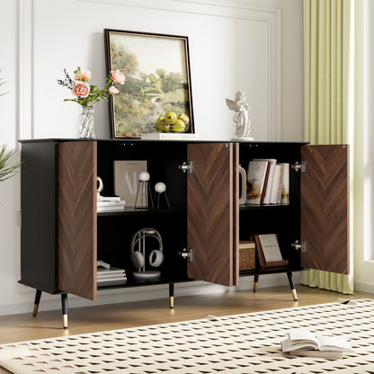 Dressoir – Sideboard – Opbergkast – Ladekast – Wandkast – Modern Design – Verstelbare Planken – Zwart & Donkerbruin – 4-Deurs – Ruimtebesparend – Eenvoudige Montage