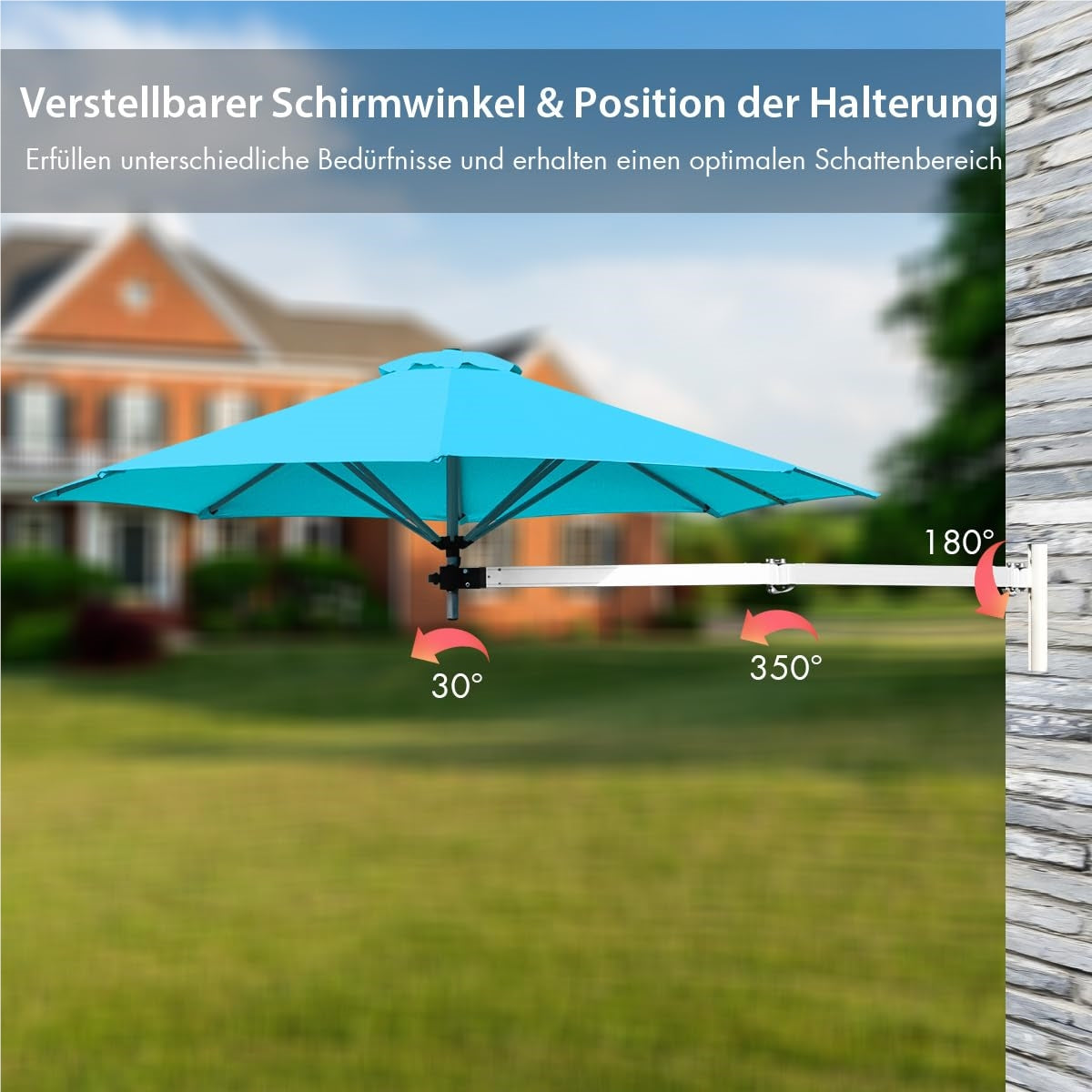 Wandparasol – Muurparasol – Balkonparasol – Tuinparasol – Zonnescherm – Kantelbaar en Draaibaar – Aluminium Frame en Waterafstotend Doek – Ø 250 cm – Turquoise