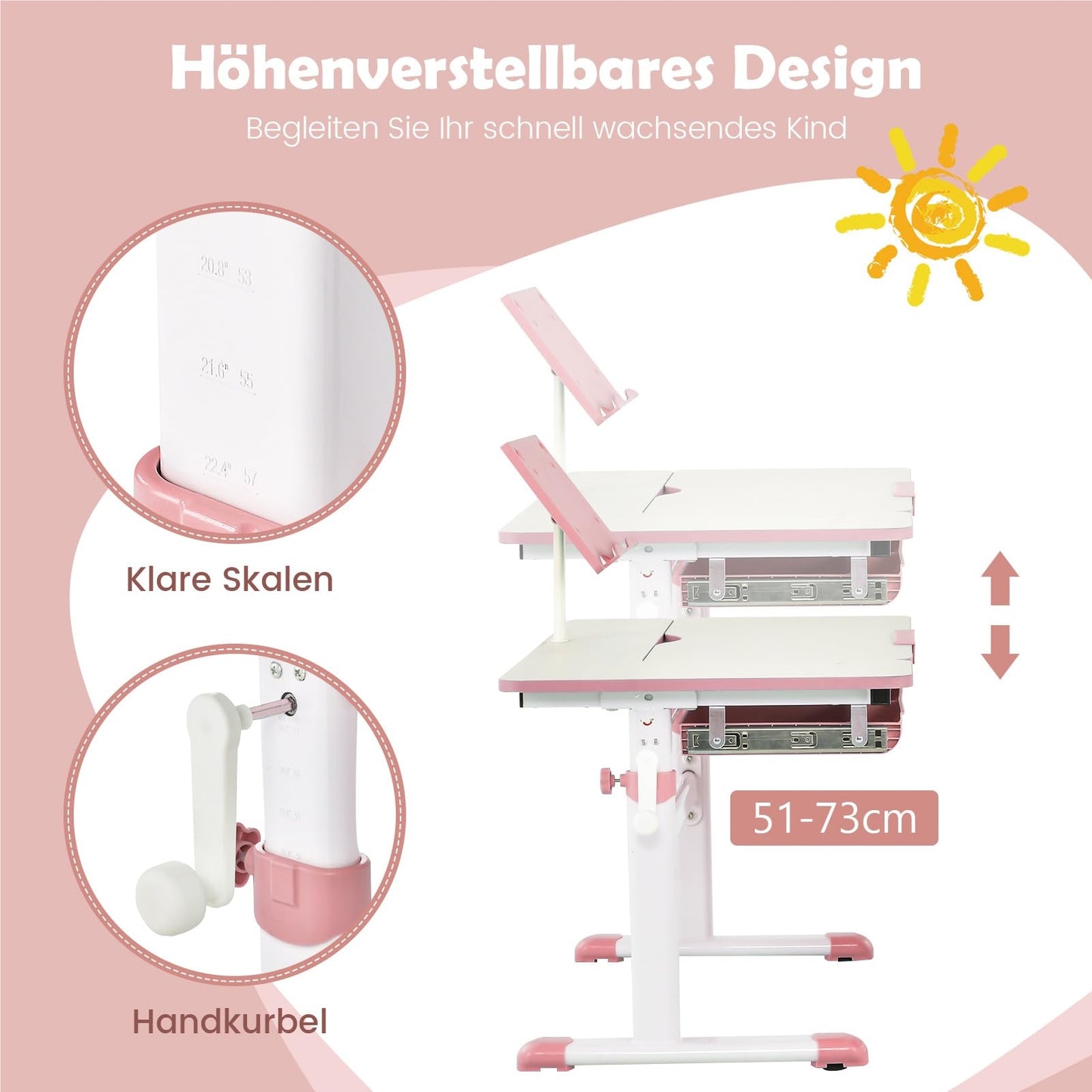Verstelbaar Kinderbureau – Kindertafel – Studietafel – Schrijftafel – Bureau Met Lade – Hoogte Verstelbaar 51-73cm – Kantelbaar Tafelblad Met Boekenkast – Roze
