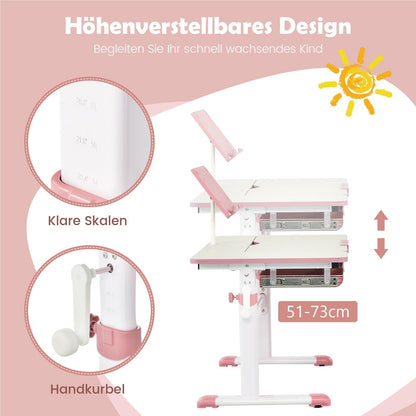 Verstelbaar Kinderbureau – Kindertafel – Studietafel – Schrijftafel – Bureau Met Lade – Hoogte Verstelbaar 51-73cm – Kantelbaar Tafelblad Met Boekenkast – Roze