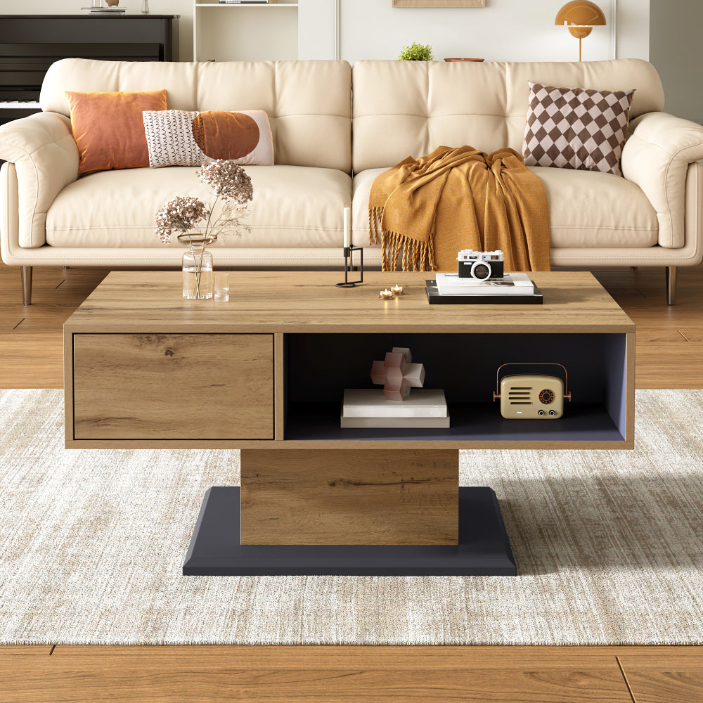 Contemporary Coffee Table with Dual-sided Storage Compartments, Spacious Storage Bays and Additional Built-in Dividers. A Versatile Living Room Table Offering Practical Design for Effortless Organisation and Storage.