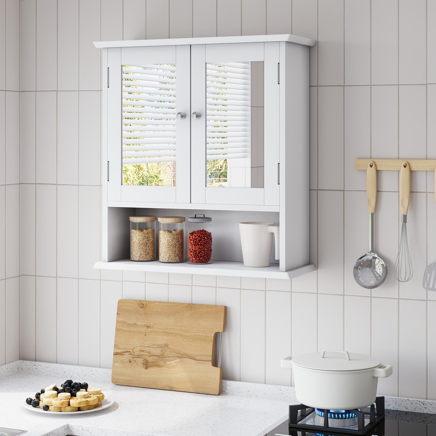 Badkamerkast – Badkamermeubel – Kolomkast – Spiegelkast – Medicijnkast – Wit MDF & Glas – Verstelbare Legplanken – Vrijstaand en Wandmontage