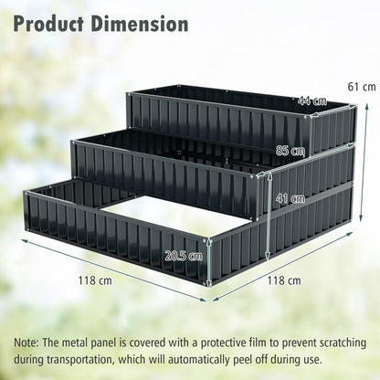 Hoogtebak Tuin – Verhoogd Plantenbed – Moestuinbak – Kruidenbak – Bloembak – 3 Laags Trappenontwerp – Metalen Roestvrij Stijlvol Zwart – 118x118x61 cm – Modulair Systeem