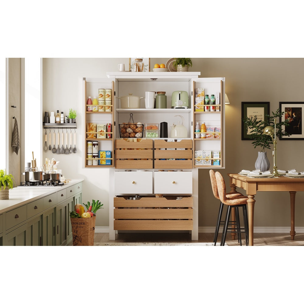 Modern Tall White Kitchen Cabinet with 2 Doors & 5 Drawers - Heavy-Duty -Standing Storage Unit Suitable for Small Kitchens, Dish Cabinet, Pantry, Space-Saving