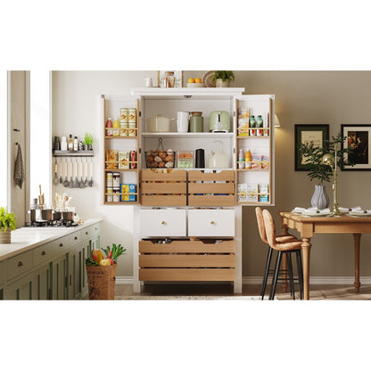 Modern Tall White Kitchen Cabinet with 2 Doors & 5 Drawers - Heavy-Duty -Standing Storage Unit Suitable for Small Kitchens, Dish Cabinet, Pantry, Space-Saving