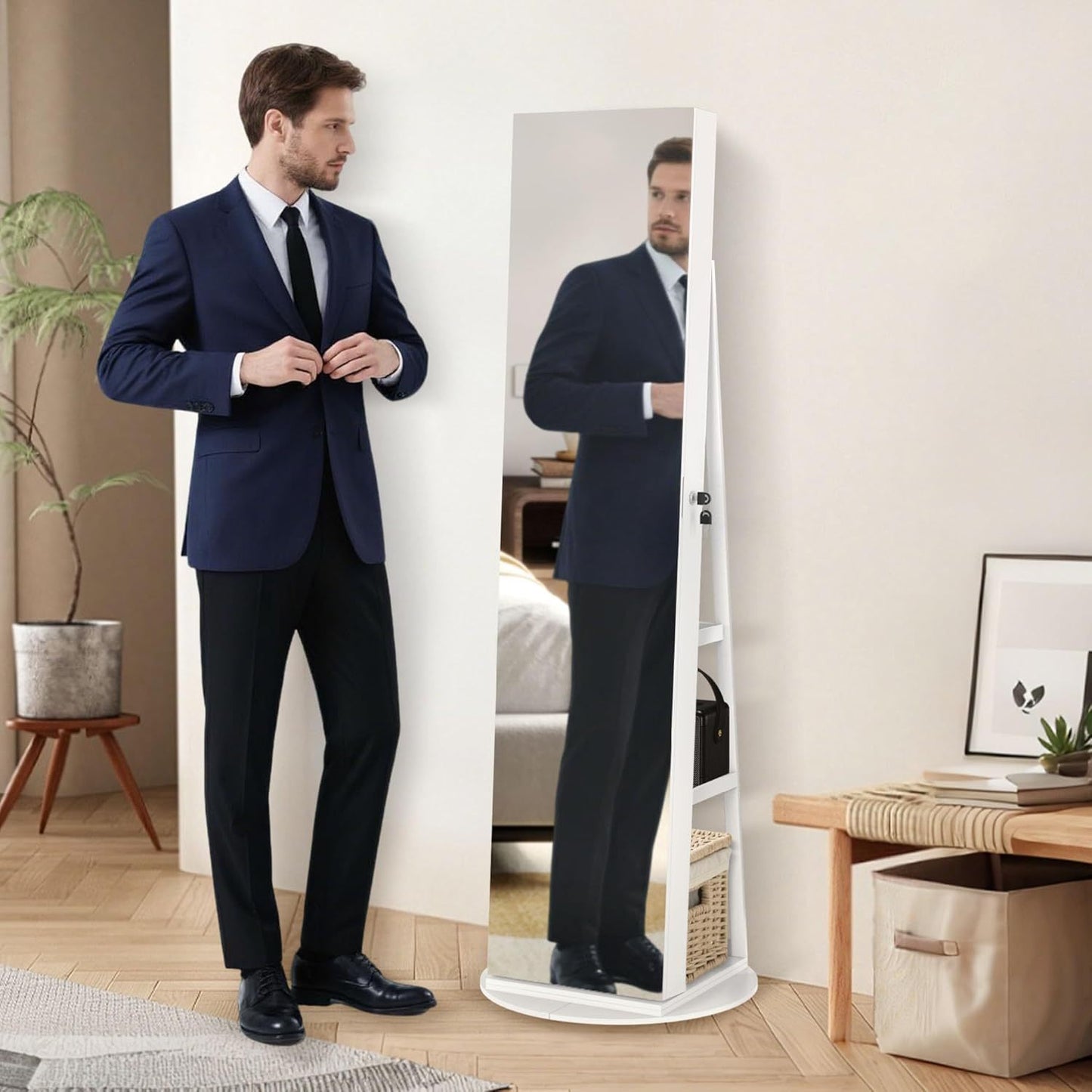 3-in-1 Sieradekast – Sieradenkast – Staande Spiegelkast – Draaibare Spiegel – Opbergrek Sieraden – 360° Draaibaar – Afsluitbaar Met Slot – Wit – 161 x 54,5 x 10 cm