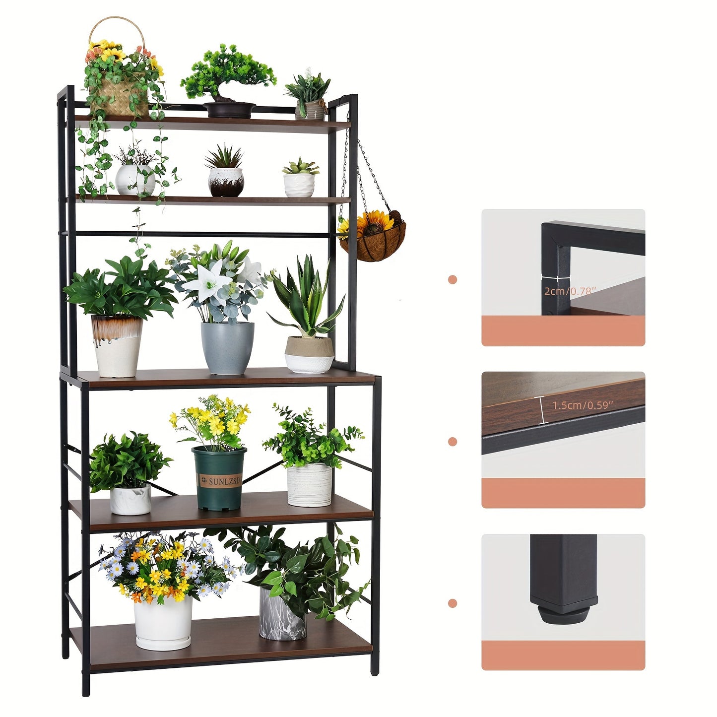5-Lagen Keukenorganizer – Rustiek Zwart Walnoot – Industrieel Baker’s Rack met Opslag, Magnetronstandaard en Haakjes voor Kruiden en Keukengerei