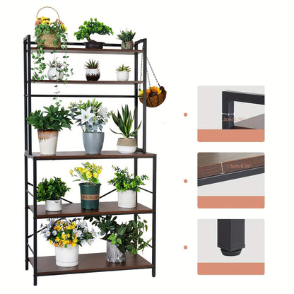 5-Lagen Keukenorganizer – Rustiek Zwart Walnoot – Industrieel Baker’s Rack met Opslag, Magnetronstandaard en Haakjes voor Kruiden en Keukengerei