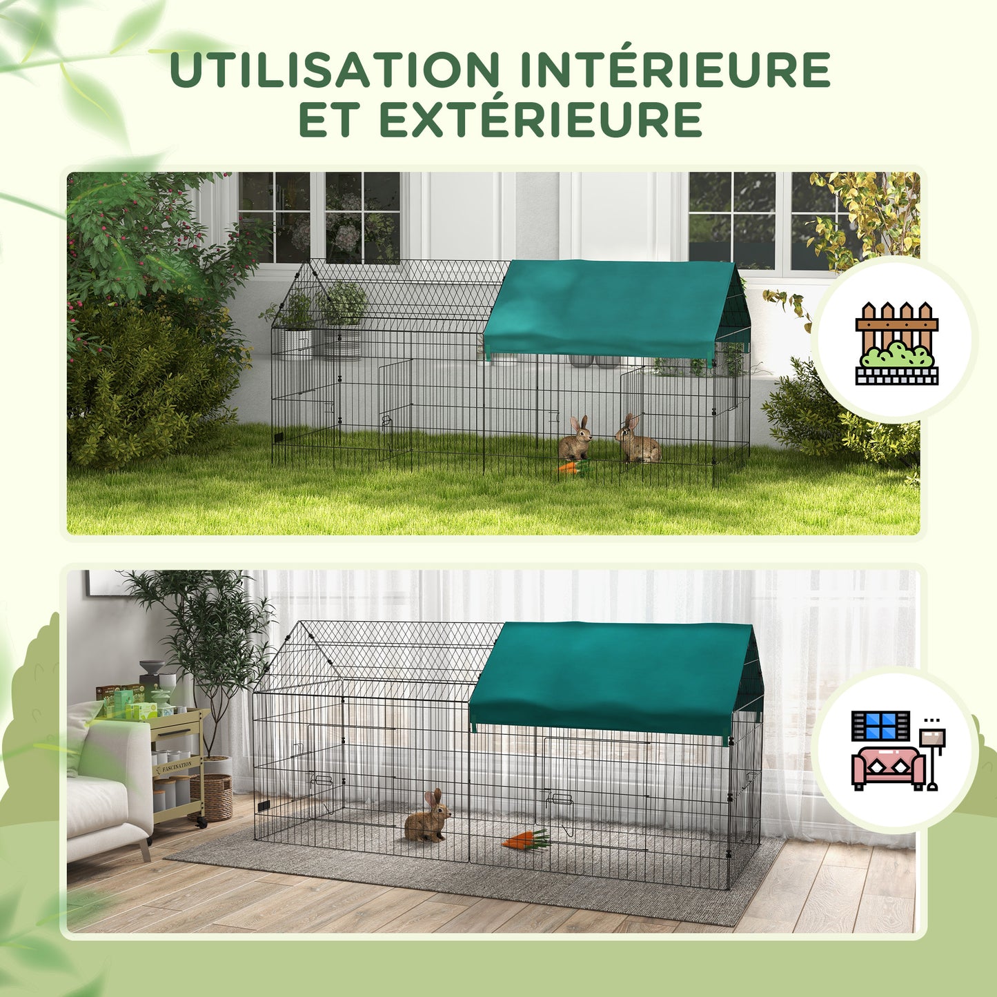 Konijnenren – Dierenren – Knaagdierenren – Buitenren – Binnenren – Modulaire Stalen Ren – Met Afdekking – 220x85x103 cm – Groen
