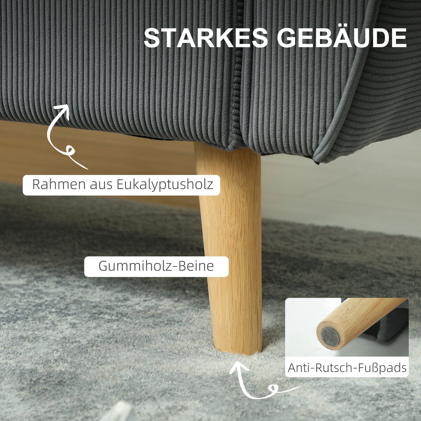 Bankstel – Tweezitsbank – 2-Zitsbank – Sofa – Bank – Donkergrijs Corduroy – Compact 145x75x78 CM – Inclusief 2 Rugkussens