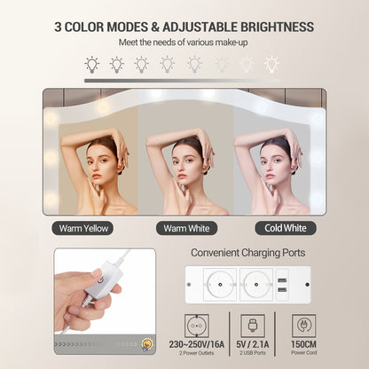 Make-uptafel – Kaptafel – Visagietafel – Make-up Bureau – Make-up Spiegel – Wit met Gouden Accenten – Grote Spiegel 45x70 cm – 3-Kleurige Instelbare LED-Verlichting