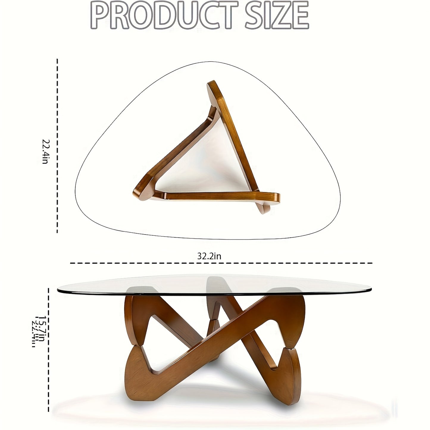 Triangle Salontafel – Salontafel Driehoek – Woonkamertafel – Koffietafel – Bijzettafel – Mid-Century Modern – Walnootkleurig Frame – Krasbestendig Gehard Glas – Eenvoudige Montage – Compact Ontwerp