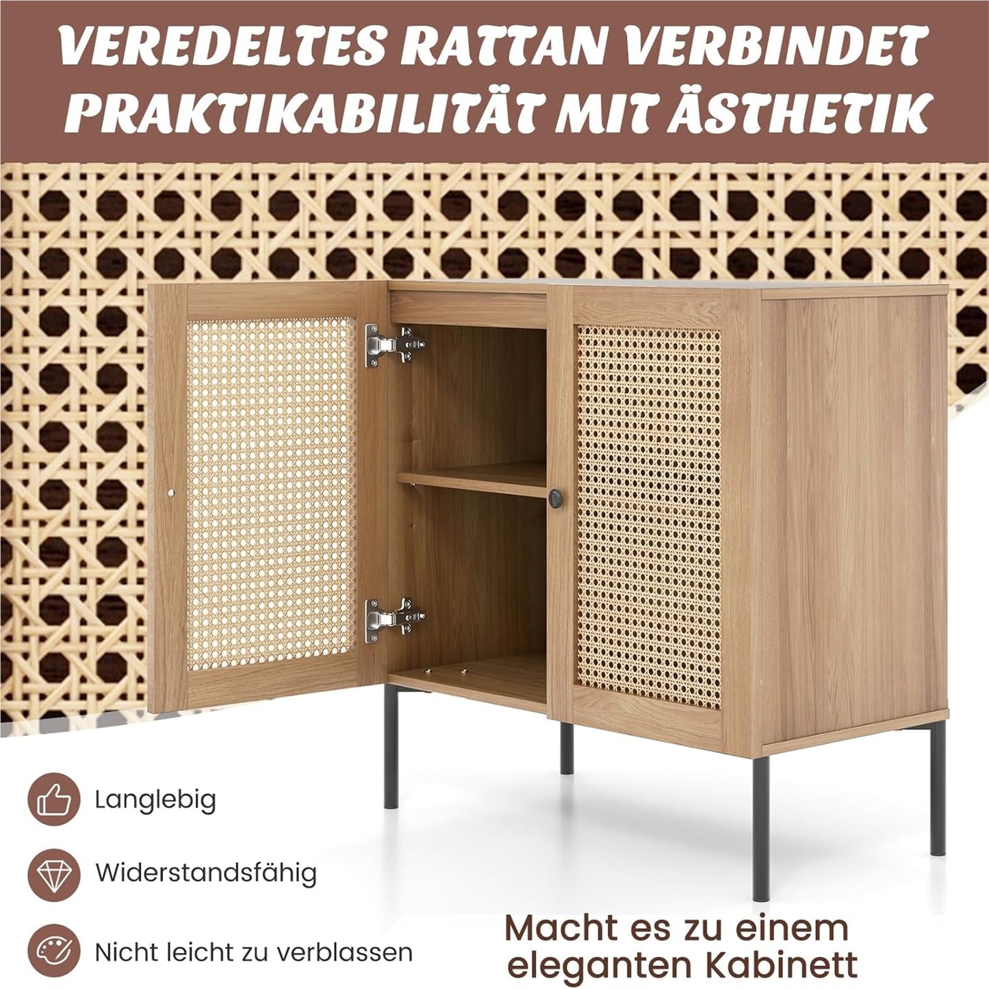Dressoir – Sideboard – Kast – Buffetkast – Opbergmeubel – Met 2 Rieten Deuren – Industrieel Design – 80x40x80 cm – Verstelbare Planken – Houten Werkblad Eikenhout