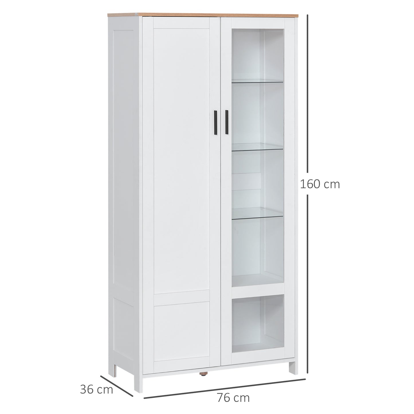 Buffetkast – Keukenkast – Dressoir – Opbergkast – Vitrinekast – 7 Planken Inclusief 3 Glazen Planken – Wit Met Houten Blad – 76x36x160 cm