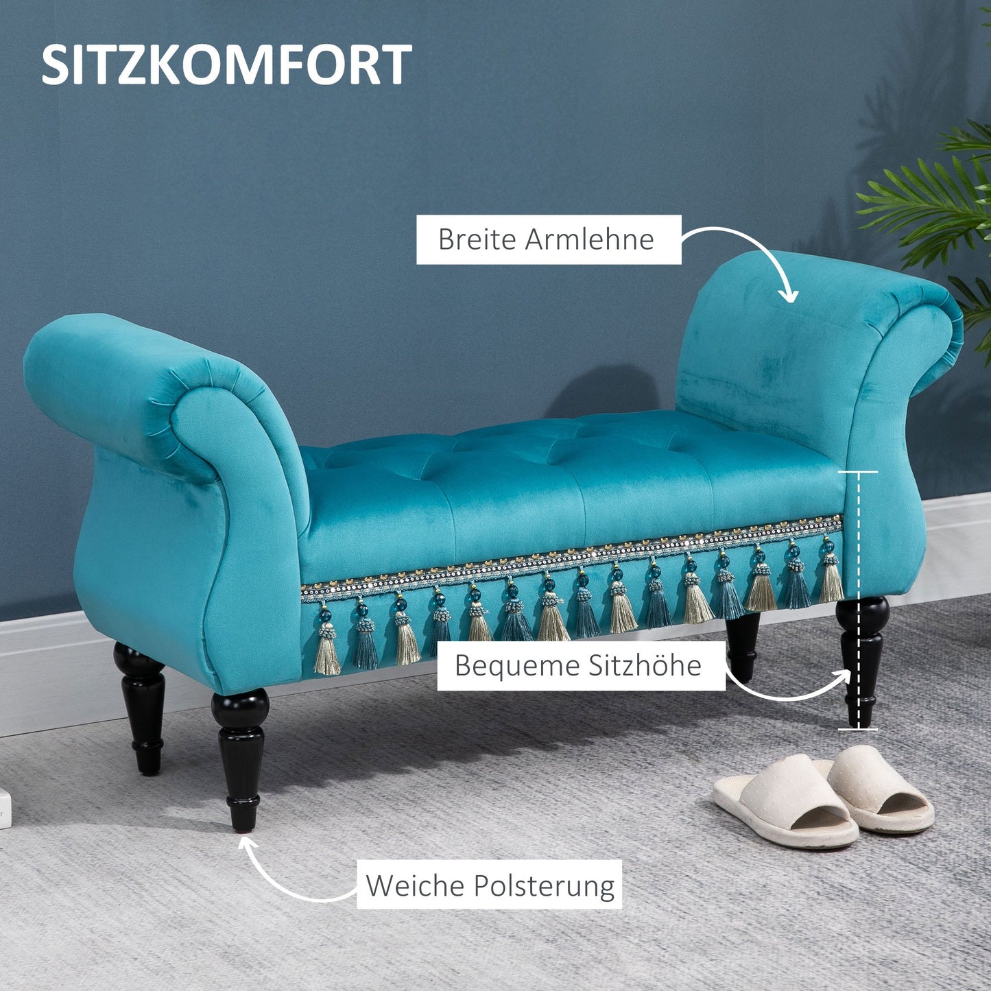 Poef – zitbank – schoenenbank – hocker – zitmeubel – fluwelen bekleding – massief houten frame – 117x40x58 cm – maximale draagkracht 150 kg