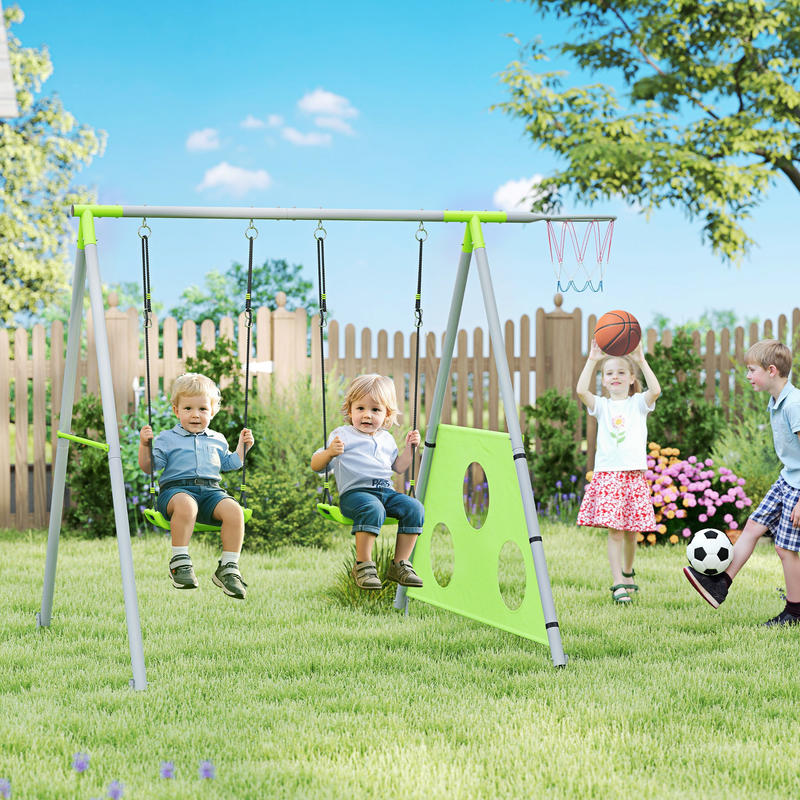 Swing Set for , 2 Swing Seats, 1 Basketball Hoop, 1 Soccer Goal, Metal Frame, Green, ' Play Equipment, ' Playground, Interactive Play Set, Fun Play Equipment, Weatherresistant Material, Safe For, Play Equipment, Sports Play S