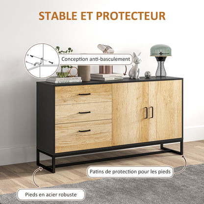Buffetkast – Dressoir – Opbergkast – Sideboard – Buffetmeubel – Met 3 Laden en Verstelbare Plank – Stalen Poten en Aluminium Handgrepen – Natuurlijke Houtlook – Afmeting 140x35x75 cm