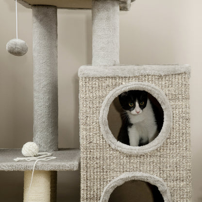 Krabpaal – Kattenkrabpaal – Kattenboom – Krabmeubel – Kattenhuis – Met Kattenhol En Speelbal – 91 cm Hoog – Lichtgrijs Met Natuurlijke Kleuren