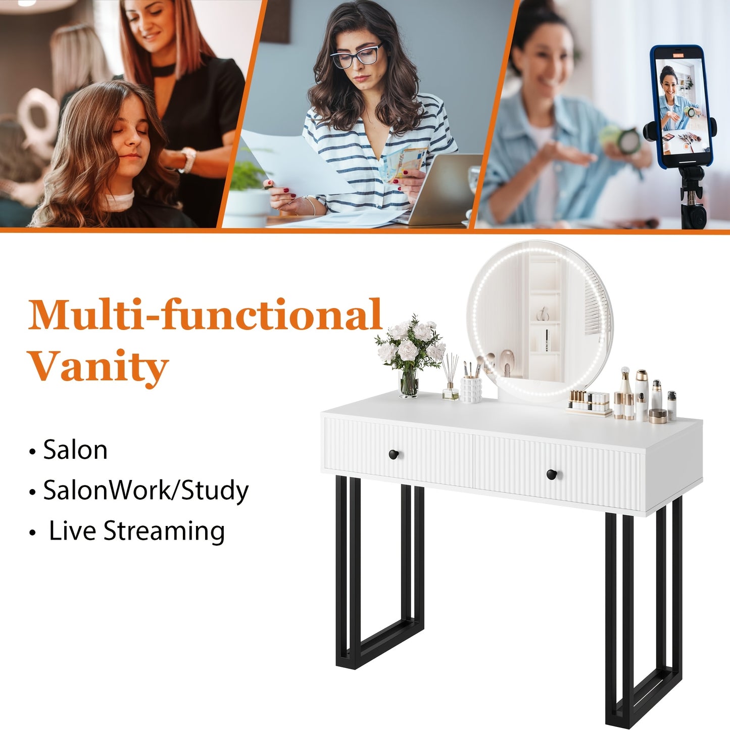 Kaptafel Wit – Make-up Tafel – Schminktisch – Dressingtafel – Toilette – Compact Ontwerp – 2 Ruime Lades – 69 cm Hoogte – Direct Gebruiksklaar – Glamour Stijl