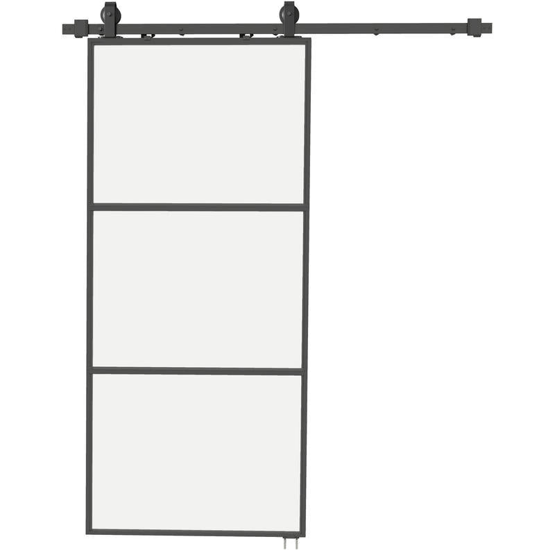 Schuifdeur – Schuifdeursysteem – Binnendeur – Kastenpaneel – Ruimtescheider – Matglas Privacy – Soft-Close Mechanisme – Stalen Zwart Frame – Eenvoudige Montage – Ruimtebesparend Design