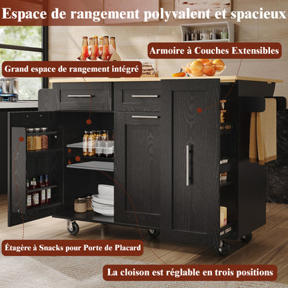 Modern Kitchen Island, Kitchen Cabinet, Buffet Cabinet, Dining Cart with Wood Veneer, Multifunctional Dining Table with Storage Space, Dining Cart with Snack Shelves And Stretch Function Cabinets, Black.