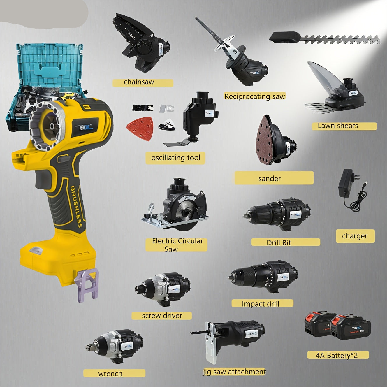 18V Accu Gereedschapsset – Multitool – Boormachine – Decoupeerzaag – Heggenschaar – 12-in-1 Multifunctioneel – Brushless Motor – Lithium-Ion Accu – Geel