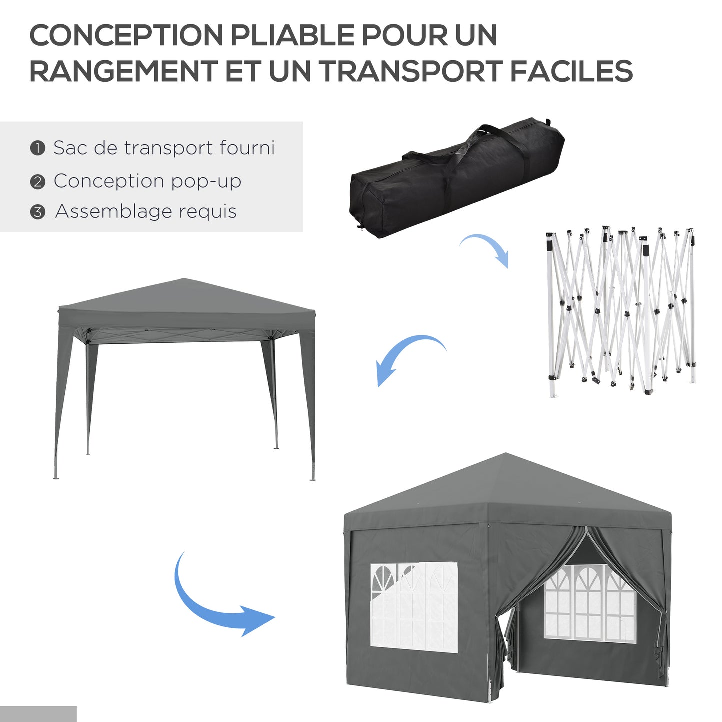 Partytent – Vouwtent – Paviljoen – Outdoor Tent – Evenemententent – 3 x 3 Meter – 4 Afneembare Wanden – Inclusief Grijze Transporttas