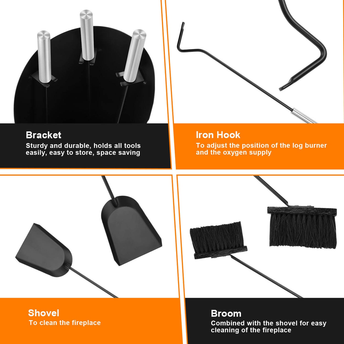 Haardstel – Haardset – Openhaardset – Haardgereedschap – Haardaccessoires – 4-delig – Roestvrij Staal met Zwarte Coating
