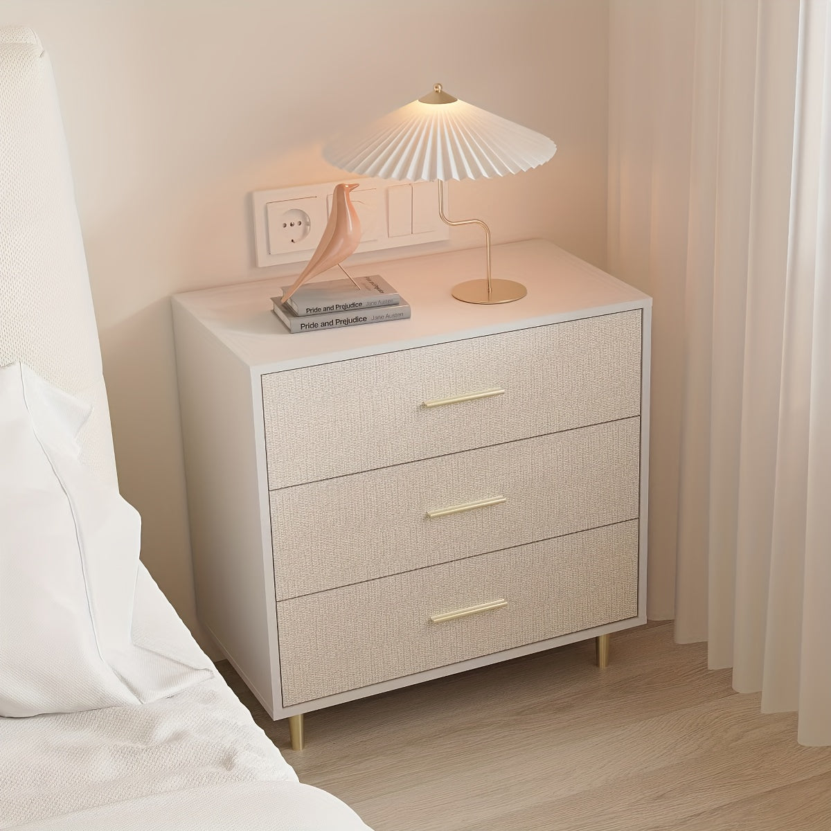 Ladeblok – Ladekast – Nachtkastje – Rolcontainer – Opbergkast – Modern Wit – 3 Lades Met Gouden Handgrepen – Compact 91x70x40 cm