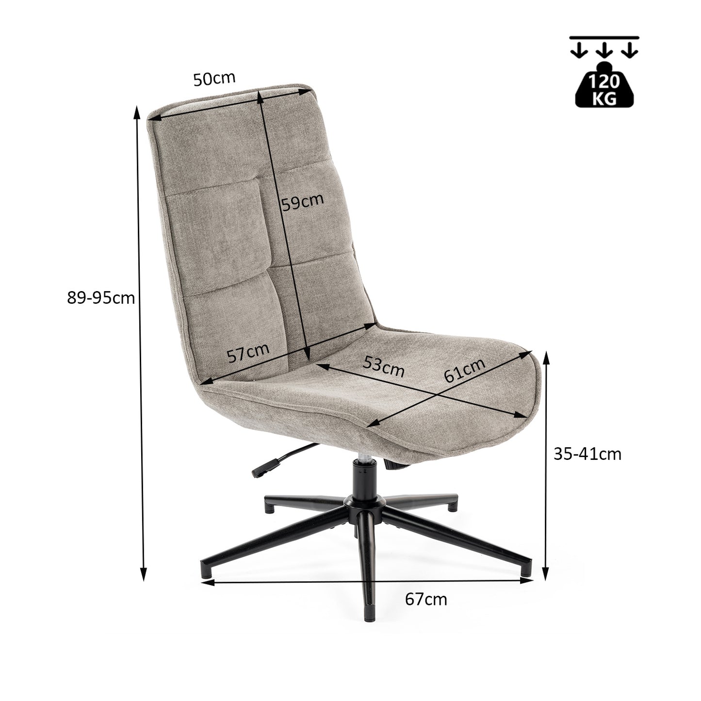 Relaxfauteuil – Lounge Stoel – Draaifauteuil – Relaxstoel – Armloos – Chenille Stof – 360° Draaibaar – Verstelbare Hoogte – Grijs – 67x61x89-95 cm