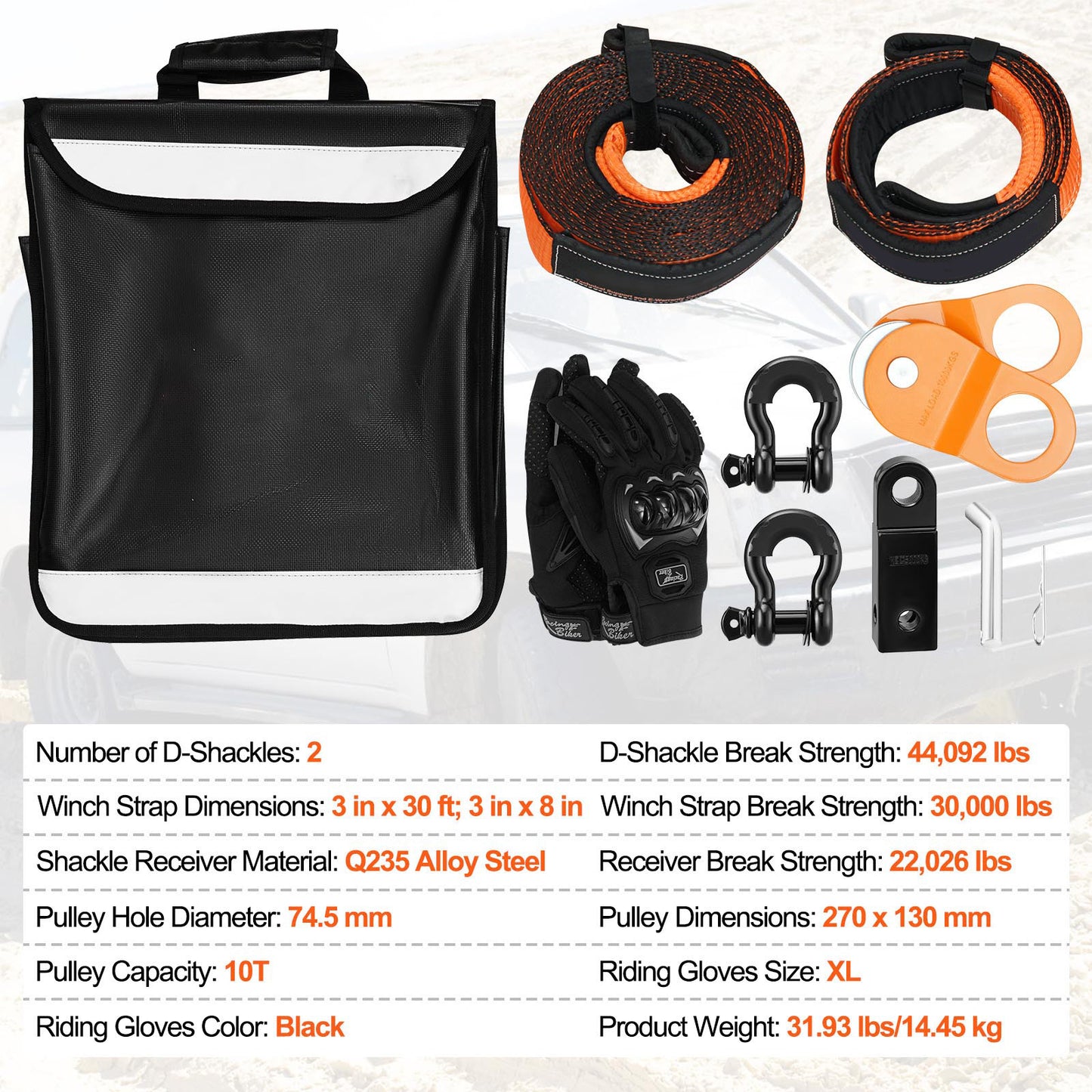 Trekband – Sjorband – Spanband – Sleepband – Off-Road Recovery Kit – Krachtige Polyester Banden 30.000 lb – Roestvrije Stalen D-Ringen 44.092 lb