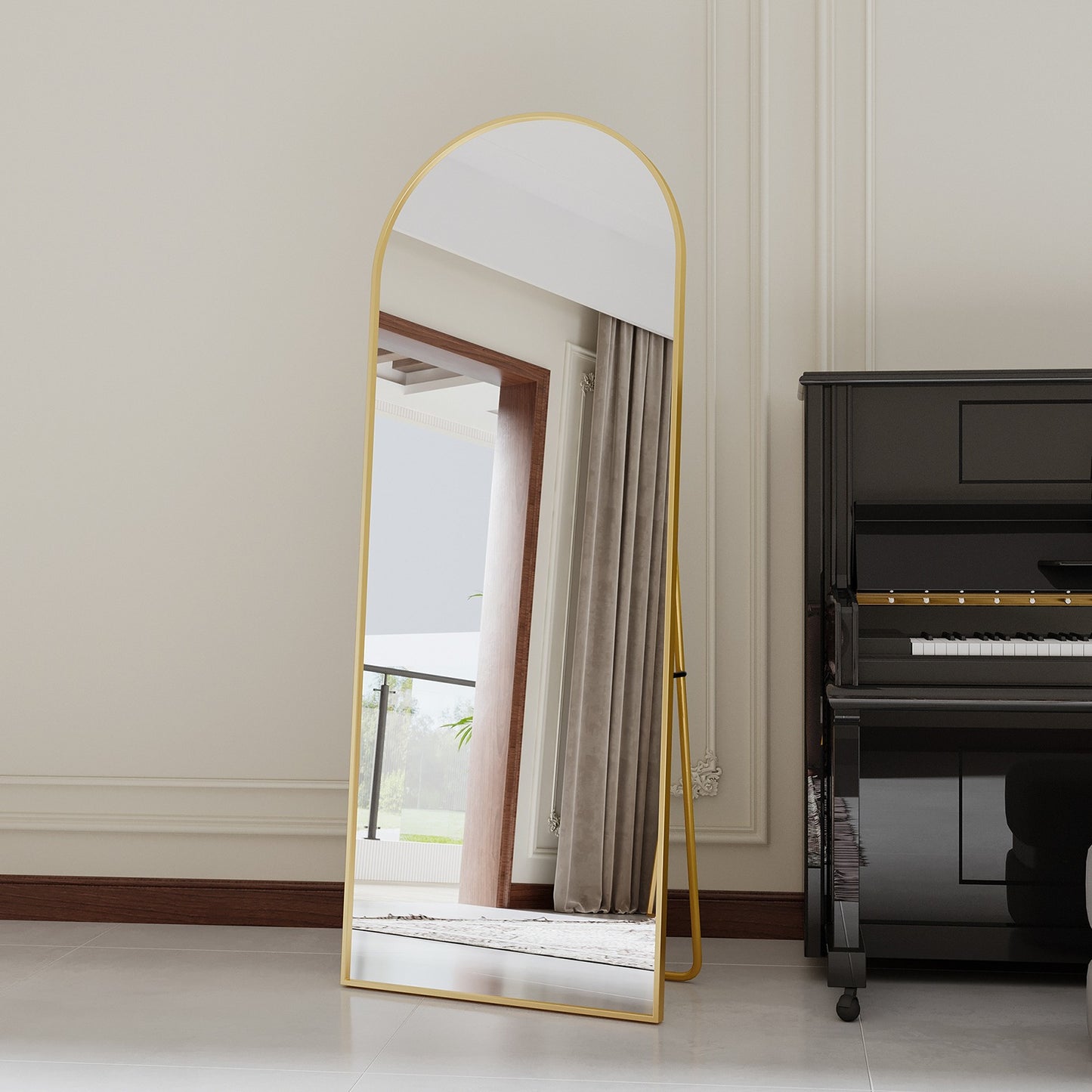 Boogvormige Staande Spiegel – Volledige Lichaamsspiegel – Vloerspiegel – Grote Slaapkamer Spiegel – Badkamerspiegel – Schokbestendig Glas – Aluminium Frame – Goud 165x60 cm