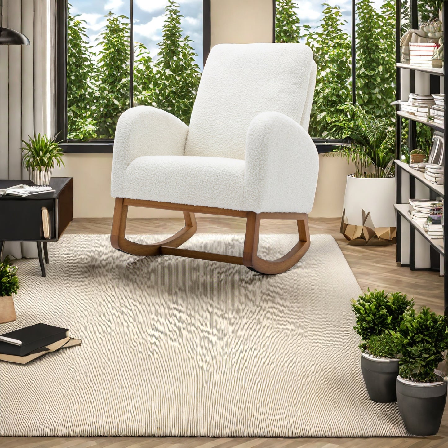 Schommelstoel – Relaxstoel – Fauteuil – Voedingsstoel – Loungestoel – Off-White Met Houten Armleuningen – Massief Beukenhout Frame – Ergonomisch Design – Zacht Traagschuim